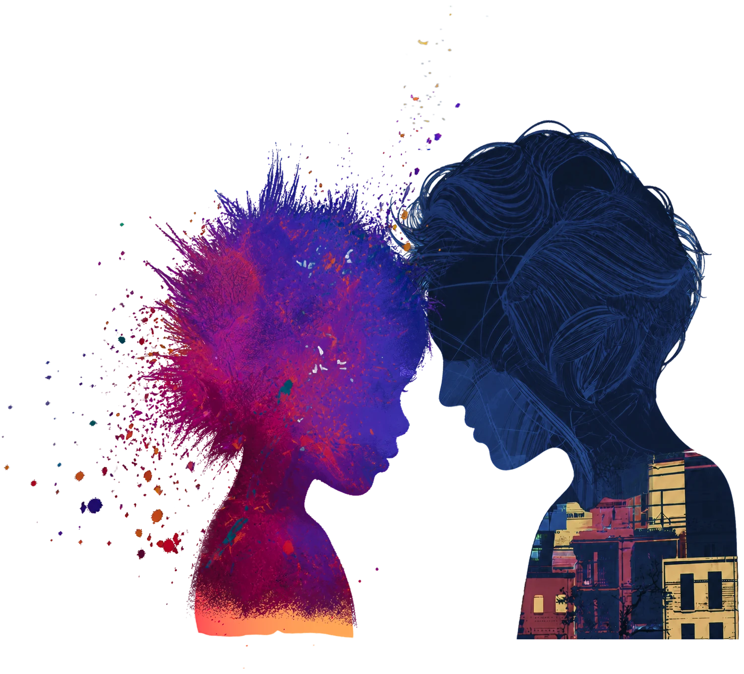 Two heads forehead to forehead — a child's, a burst of colour still forming; a grown-up's, a quiet navy city already drawn.
